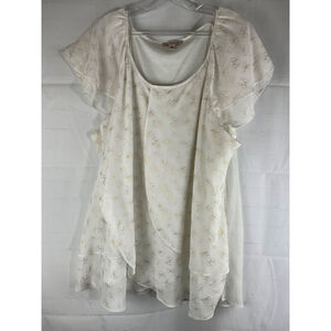 CHICWEAR Sheer Bow Print Ruffle Sleeve Blouse Size 3X White Lined Used